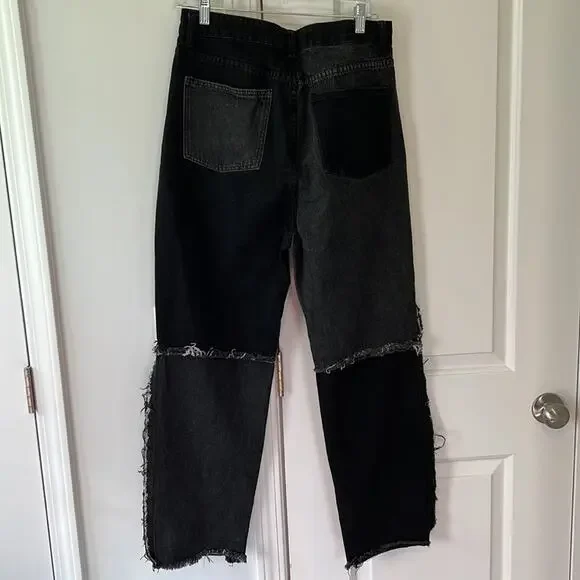 Shein 2 Tone Patch Distressed Black & Dark Denim Ultra High Rise Jeans - Picture 3 of 15